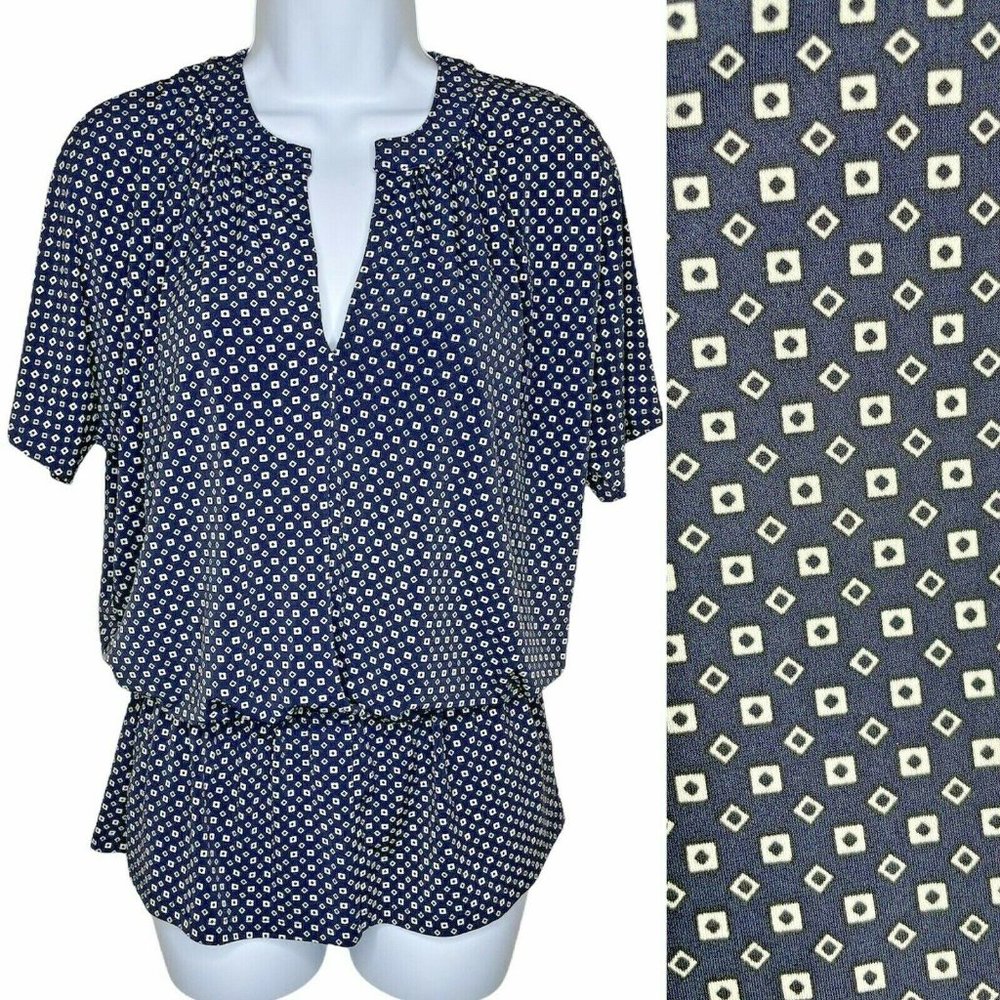 Michael Kors Wms Sz S Navy Blue Peplum Top Blouse Elastic Waist V-Neck Pleated